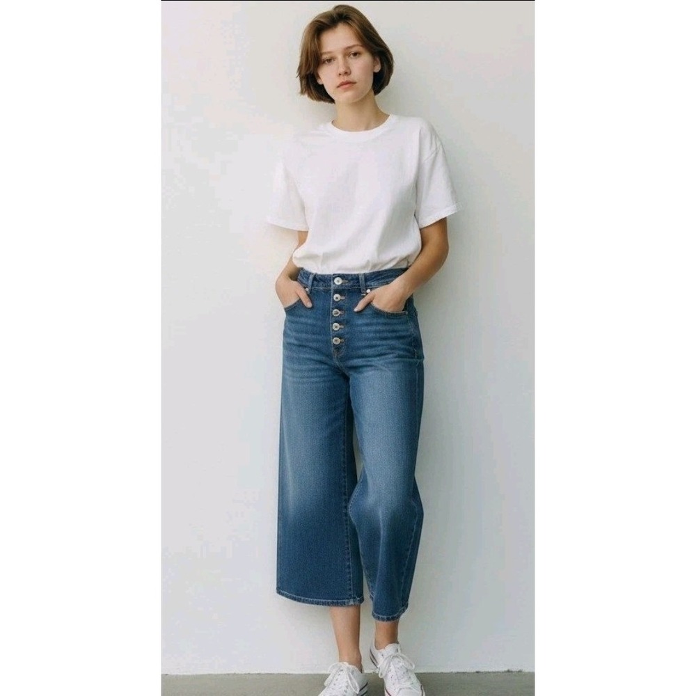 J. Jill Denim Wide Leg Crop Jeans Sz 14 Blue High Rise Button Fly Stretch Pocket